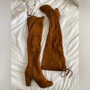 Suede thigh high heeled boots